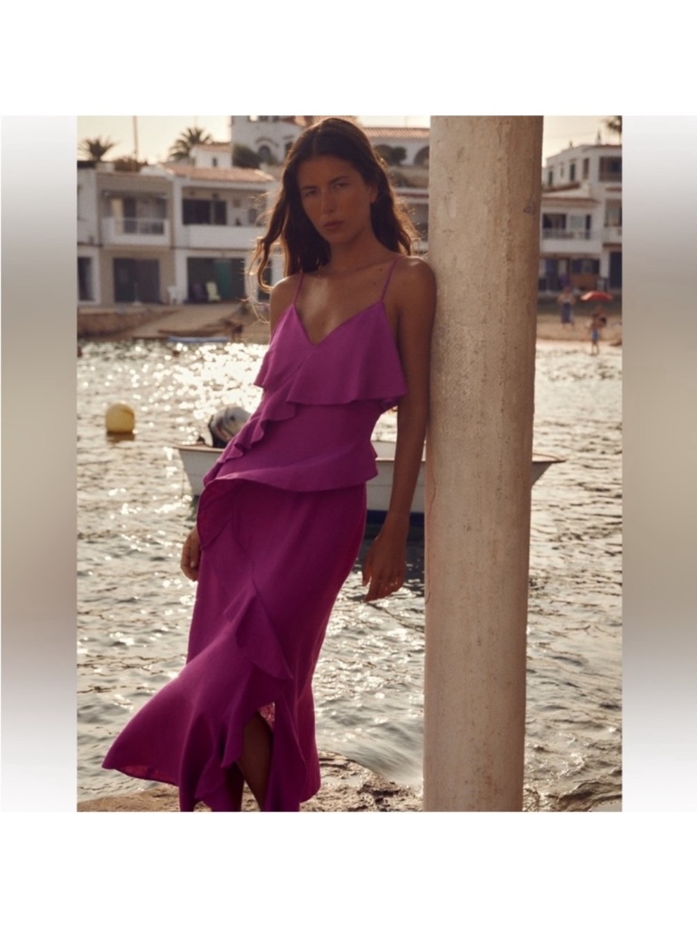Zara Ruffle Cami Midi Dress in Fuchsia Size M NWT